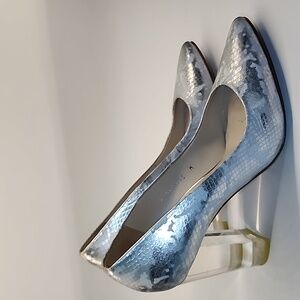 Donald J. Pliner Bonita Silver Metallic Snakeskin Lucite Heel Pumps